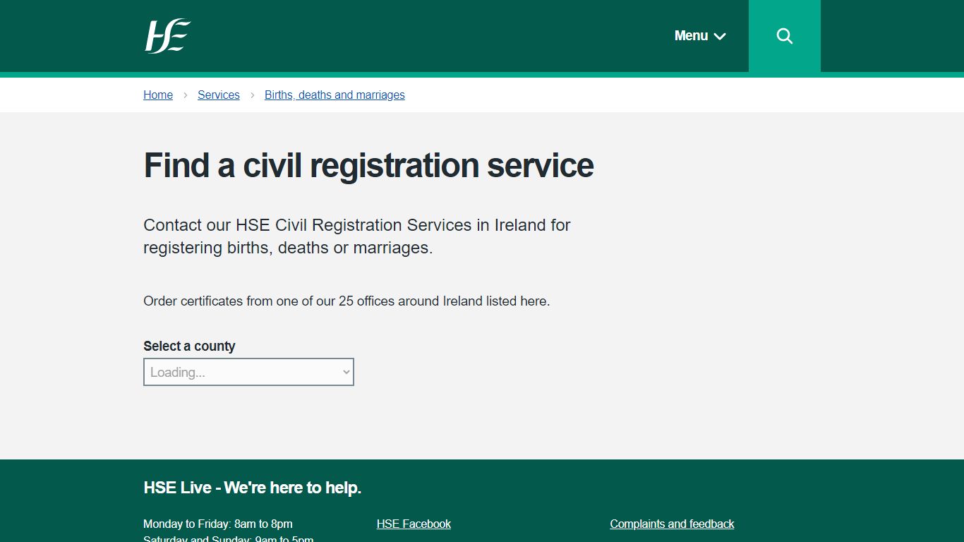 Find a civil registration service - HSE.ie